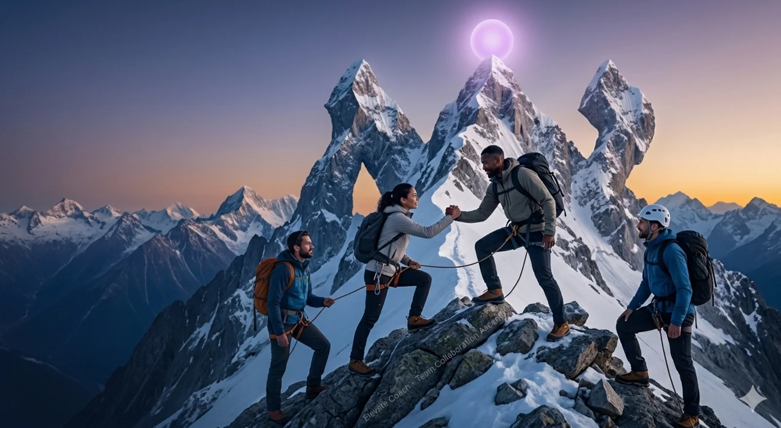 A professional group climbing a snowy mountain together and helping each other reach the top
